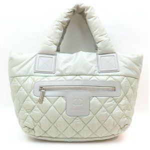 Chanel Hand Bag White Grey Nylon padded puffer tote jacket coat material taffeta
